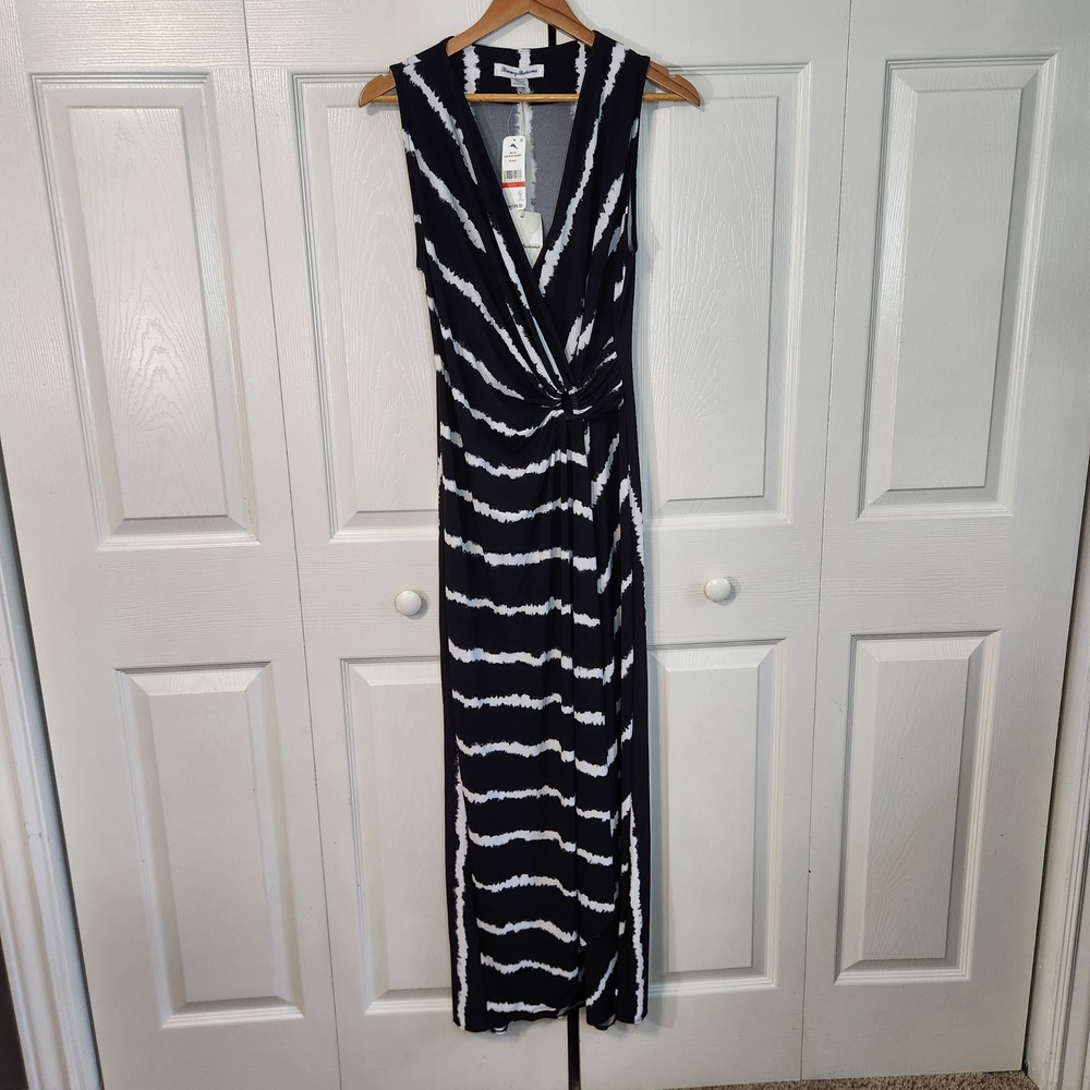 Tommy Bahama Clara Tie Dye Maxi Dress Size XS Black White‎ O-Ring Knot NEW